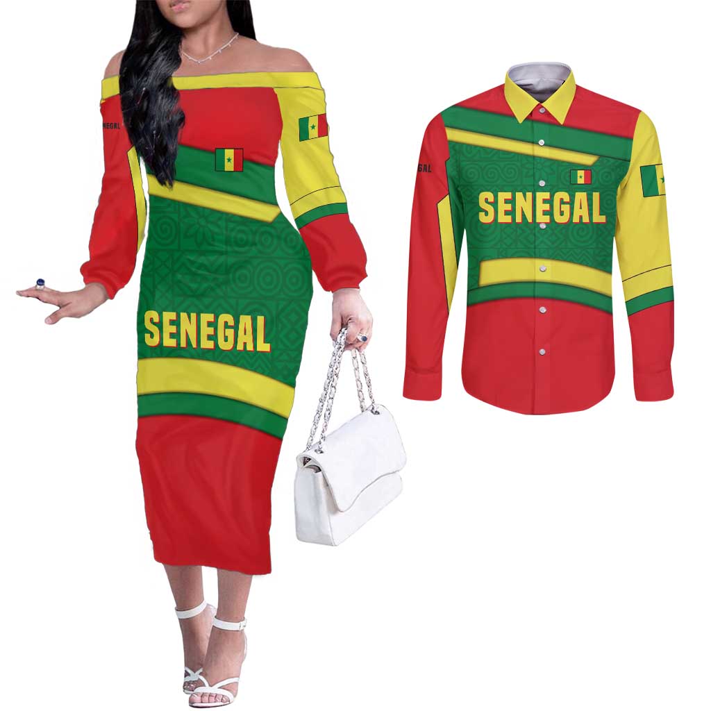 Senegal Couples Matching Off The Shoulder Long Sleeve Dress and Long Sleeve Button Shirt with Flamingo Design and Rooted in Culture Slogan - Wonder Print Shop