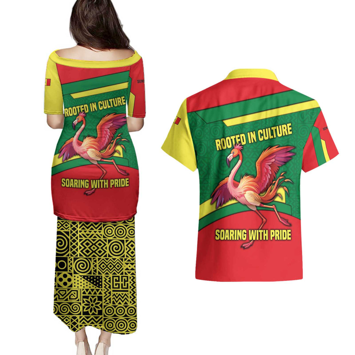Senegal Couples Matching Puletasi and Hawaiian Shirt with Flamingo Design and Rooted in Culture Slogan - Wonder Print Shop