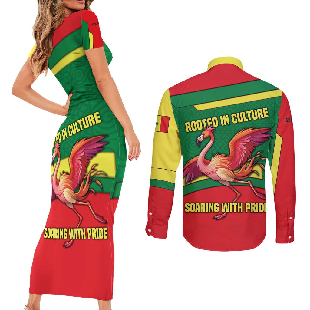 Senegal Couples Matching Short Sleeve Bodycon Dress and Long Sleeve Button Shirt with Flamingo Design and Rooted in Culture Slogan - Wonder Print Shop