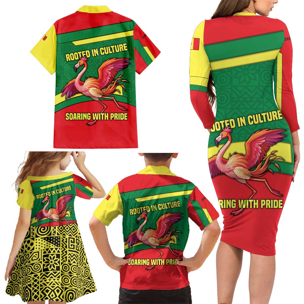 Senegal Family Matching Long Sleeve Bodycon Dress and Hawaiian Shirt with Flamingo Design and Rooted in Culture Slogan - Wonder Print Shop