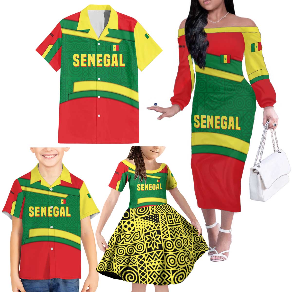 Senegal Family Matching Off The Shoulder Long Sleeve Dress and Hawaiian Shirt with Flamingo Design and Rooted in Culture Slogan - Wonder Print Shop