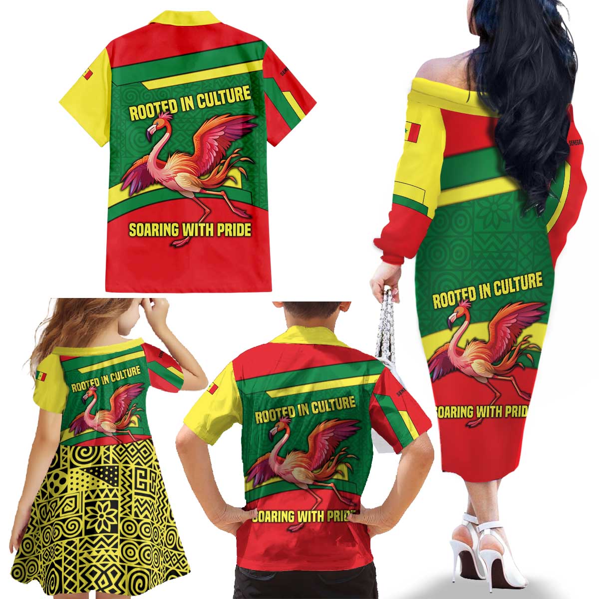 Senegal Family Matching Off The Shoulder Long Sleeve Dress and Hawaiian Shirt with Flamingo Design and Rooted in Culture Slogan - Wonder Print Shop