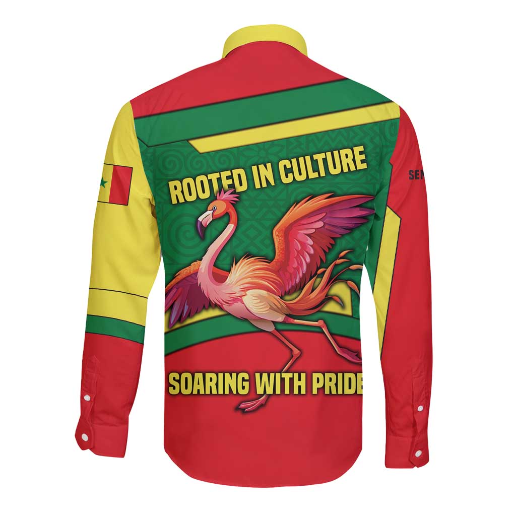 Senegal Long Sleeve Button Shirt with Flamingo Design and Rooted in Culture Slogan - Wonder Print Shop