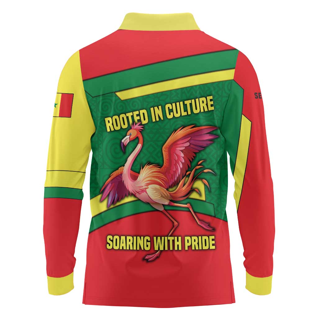 Senegal Long Sleeve Polo Shirt with Flamingo Design and Rooted in Culture Slogan - Wonder Print Shop