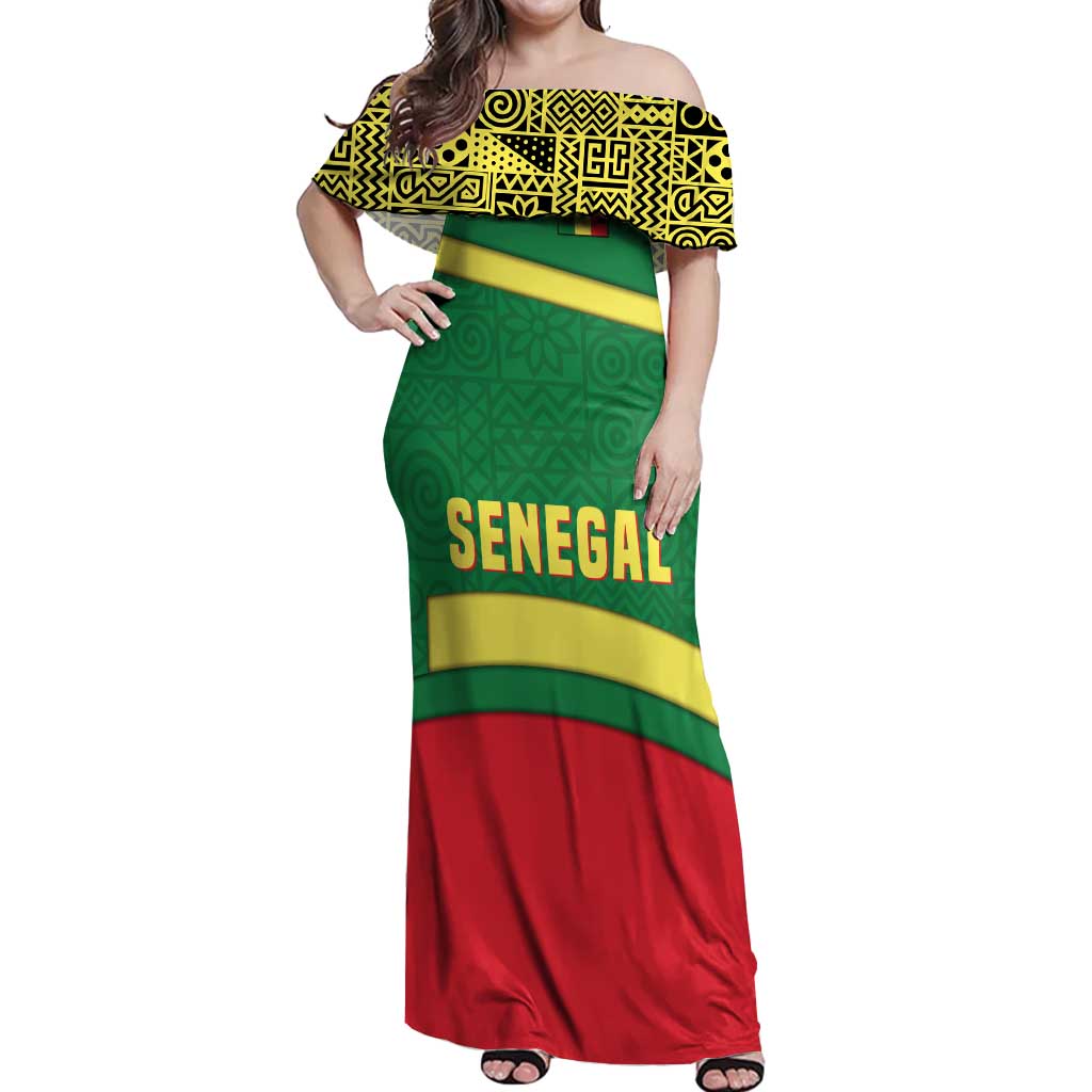 Senegal Off Shoulder Maxi Dress with Flamingo Design and Rooted in Culture Slogan - Wonder Print Shop