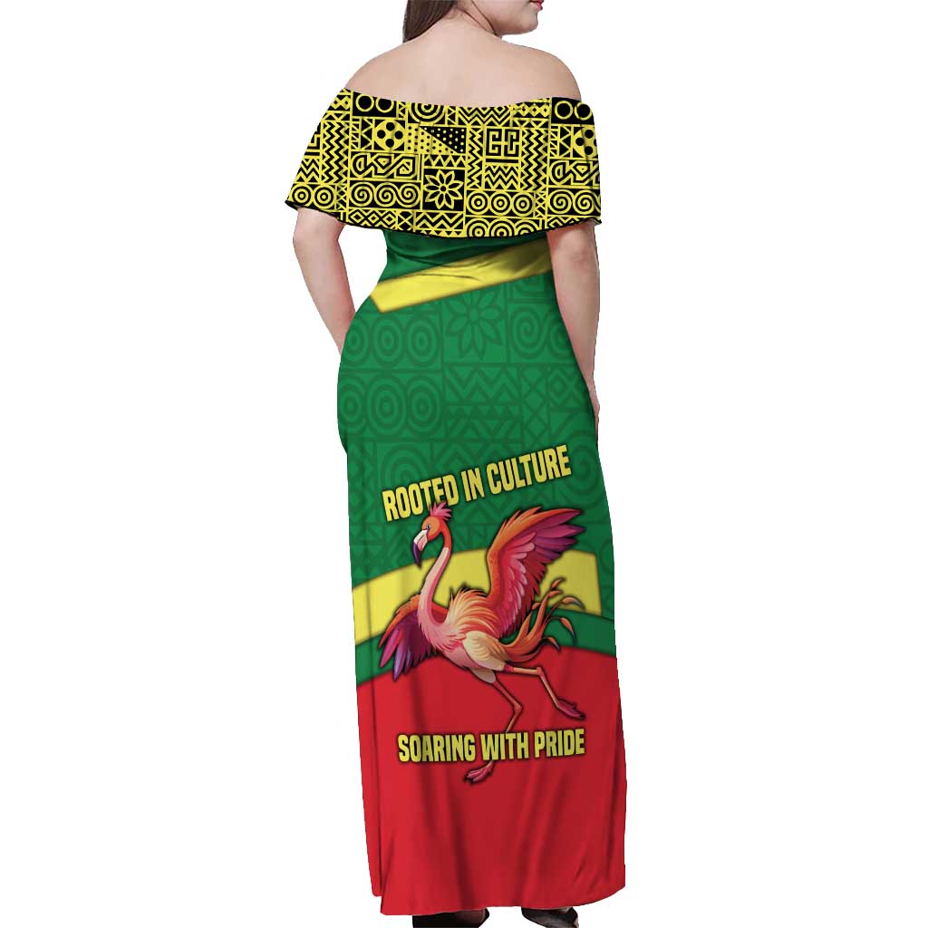 Senegal Off Shoulder Maxi Dress with Flamingo Design and Rooted in Culture Slogan - Wonder Print Shop