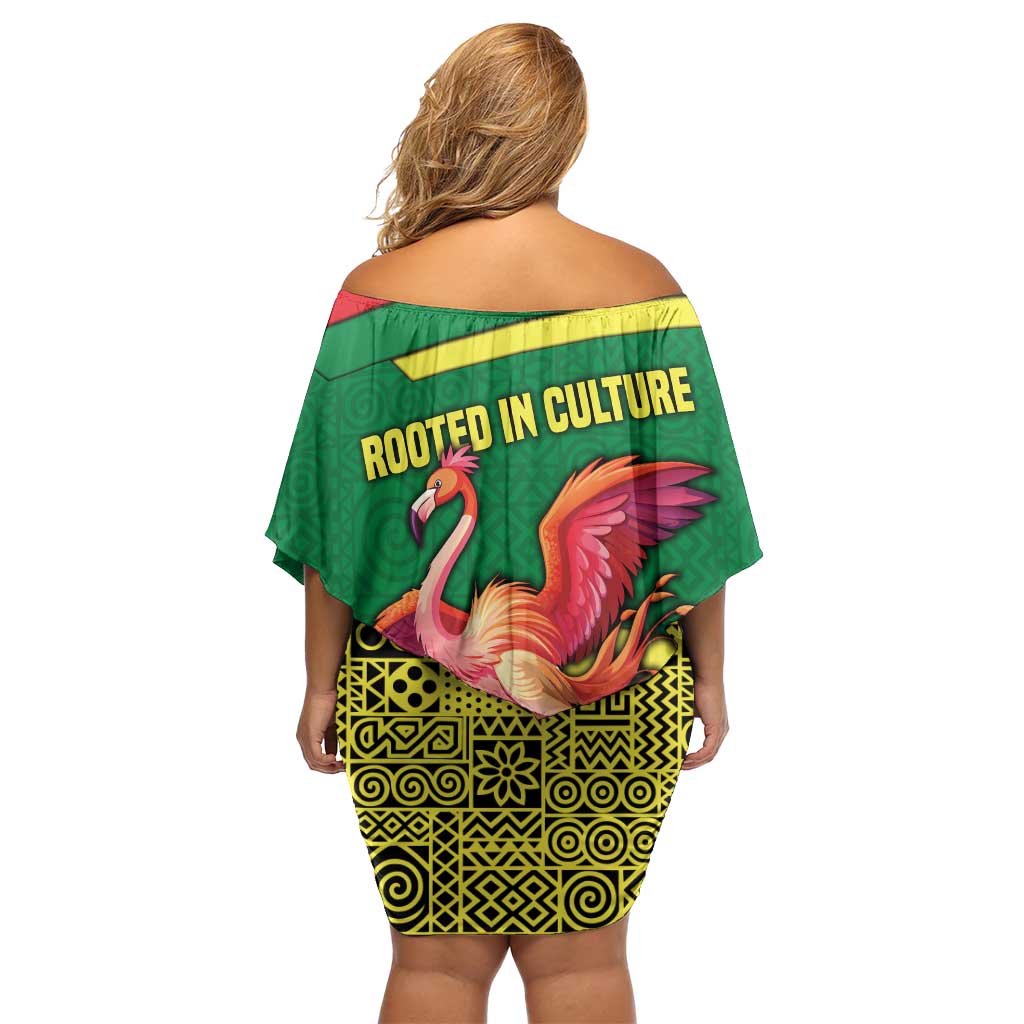 Senegal Off Shoulder Short Dress with Flamingo Design and Rooted in Culture Slogan - Wonder Print Shop