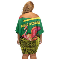 Senegal Off Shoulder Short Dress with Flamingo Design and Rooted in Culture Slogan - Wonder Print Shop