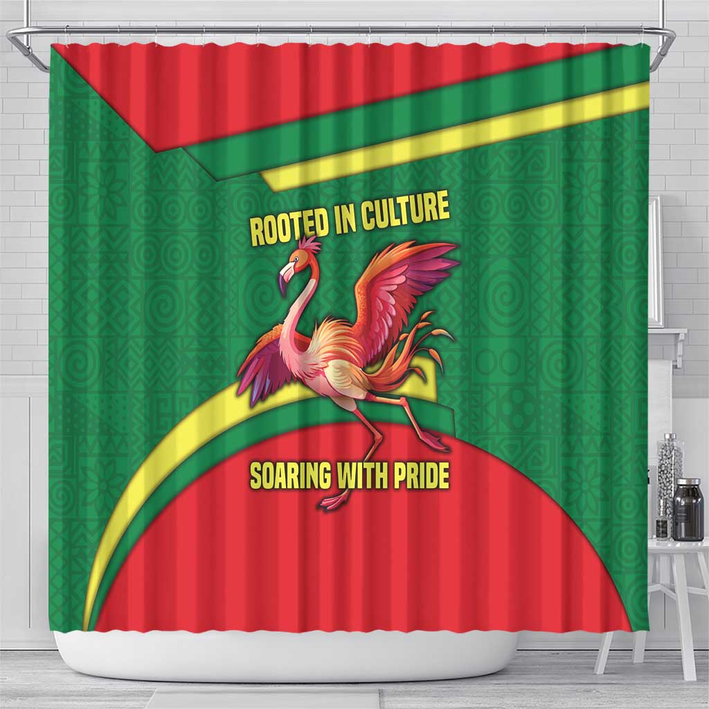Senegal Shower Curtain with Flamingo Design and Rooted in Culture Slogan - Wonder Print Shop
