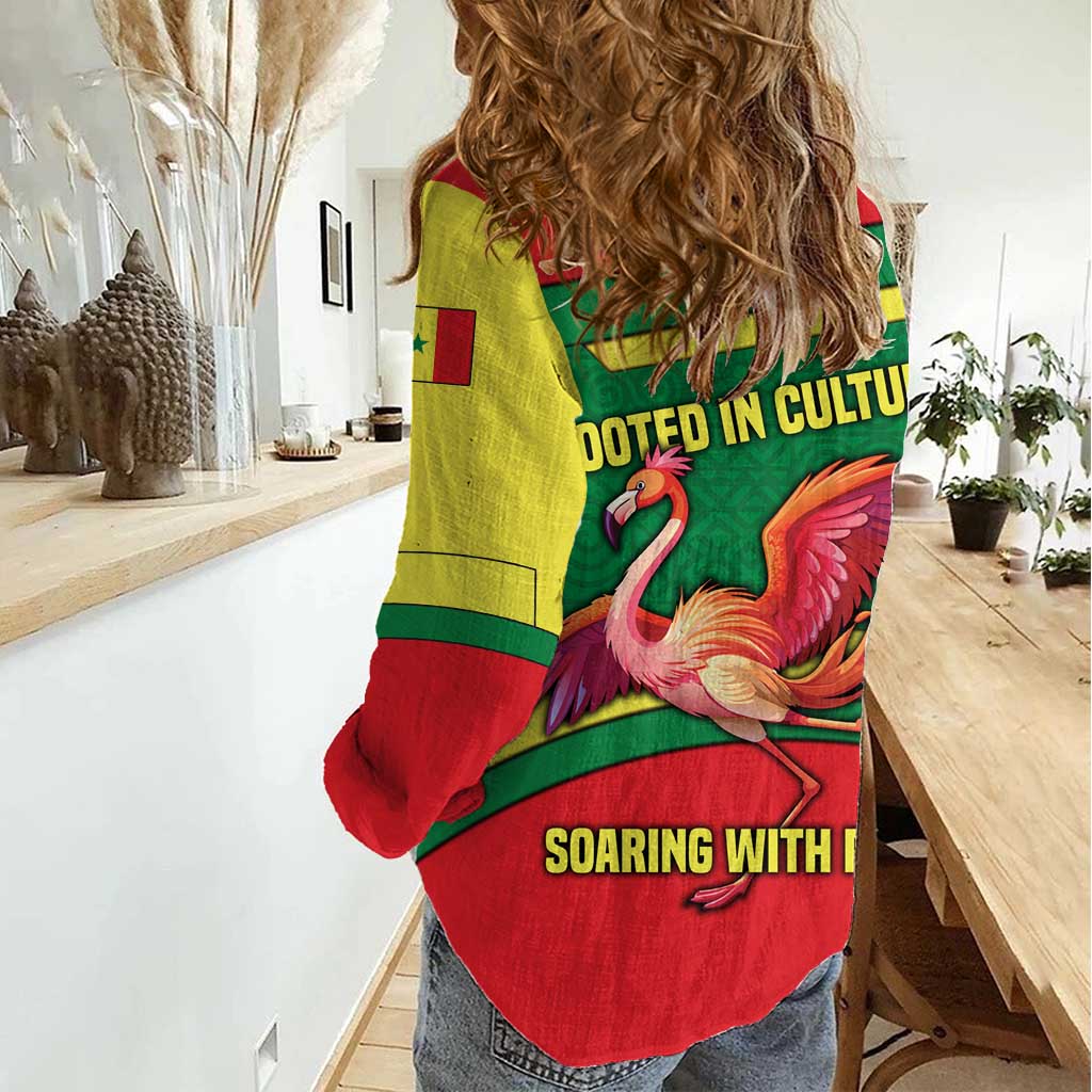 Senegal Women Casual Shirt with Flamingo Design and Rooted in Culture Slogan - Wonder Print Shop