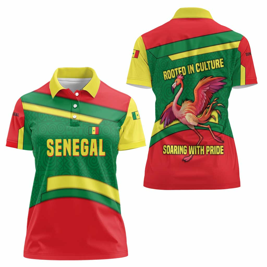 Senegal Women Polo Shirt with Flamingo Design and Rooted in Culture Slogan - Wonder Print Shop