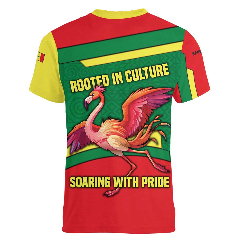 Senegal Women V-Neck T-Shirt with Flamingo Design and Rooted in Culture Slogan - Wonder Print Shop
