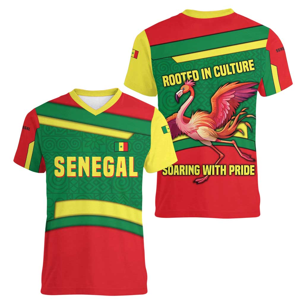 Senegal Women V-Neck T-Shirt with Flamingo Design and Rooted in Culture Slogan - Wonder Print Shop