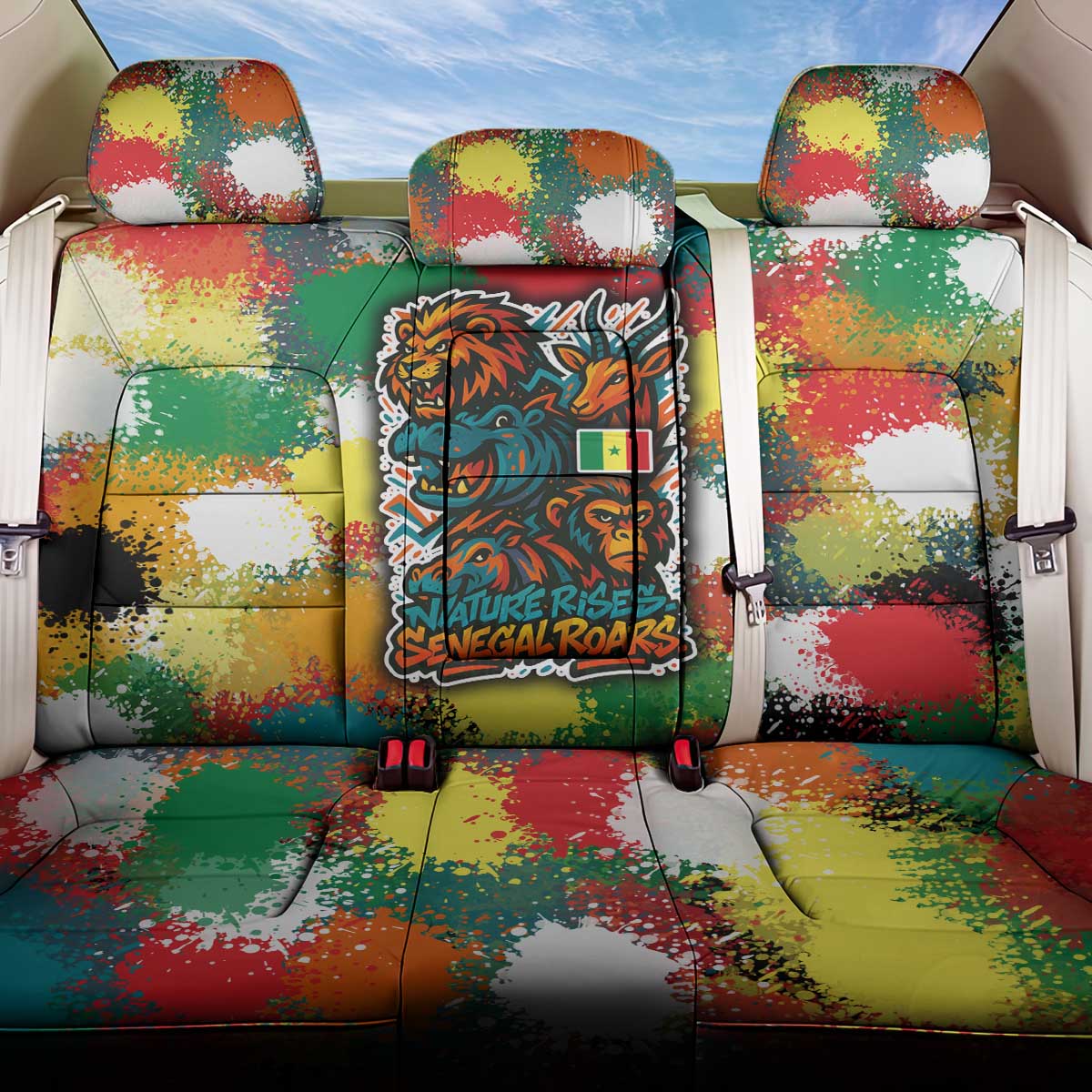 Senegal Back Car Seat Cover with Colorful Wildlife Graffiti and Nature Rises Roars Design - Wonder Print Shop