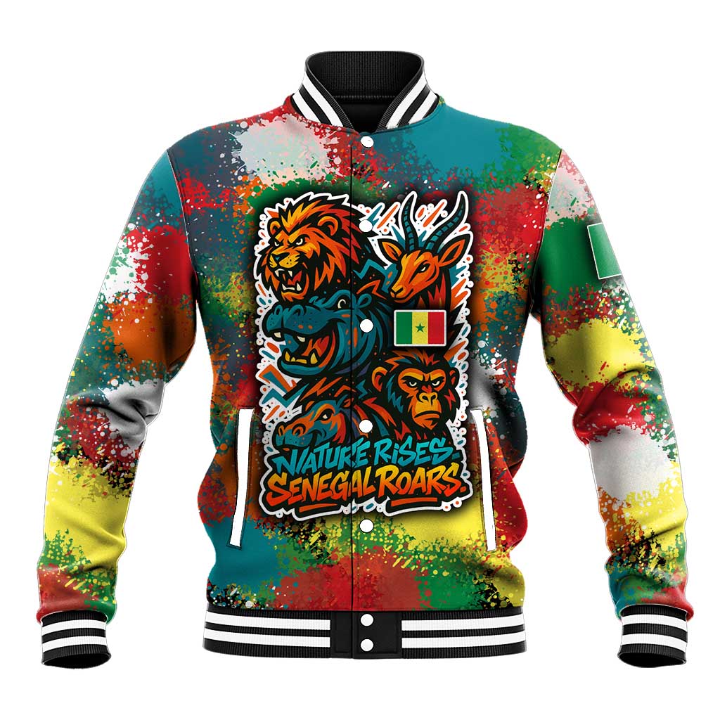 Senegal Baseball Jacket with Colorful Wildlife Graffiti and Nature Rises Roars Design - Wonder Print Shop