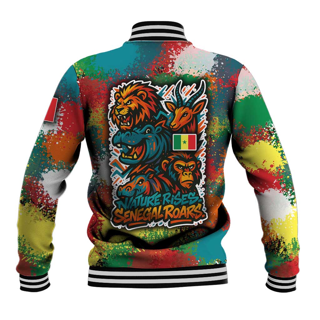 Senegal Baseball Jacket with Colorful Wildlife Graffiti and Nature Rises Roars Design - Wonder Print Shop
