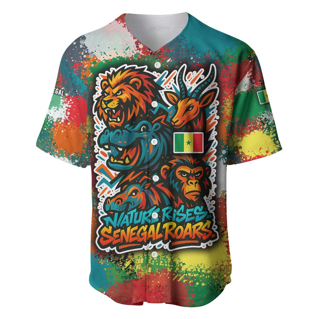 Senegal Baseball Jersey with Colorful Wildlife Graffiti and Nature Rises Roars Design - Wonder Print Shop