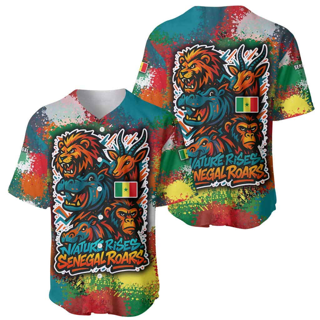 Senegal Baseball Jersey with Colorful Wildlife Graffiti and Nature Rises Roars Design - Wonder Print Shop