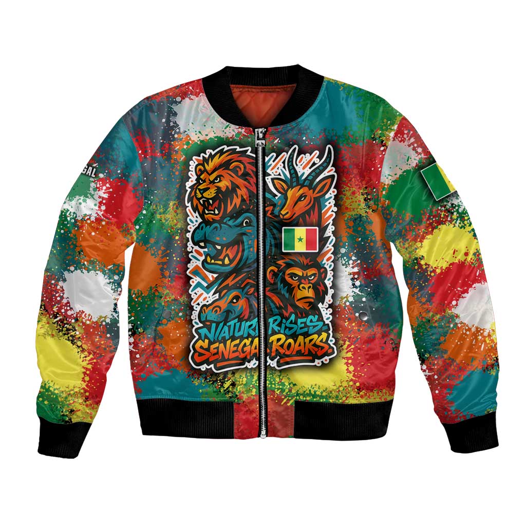 Senegal Bomber Jacket with Colorful Wildlife Graffiti and Nature Rises Roars Design - Wonder Print Shop