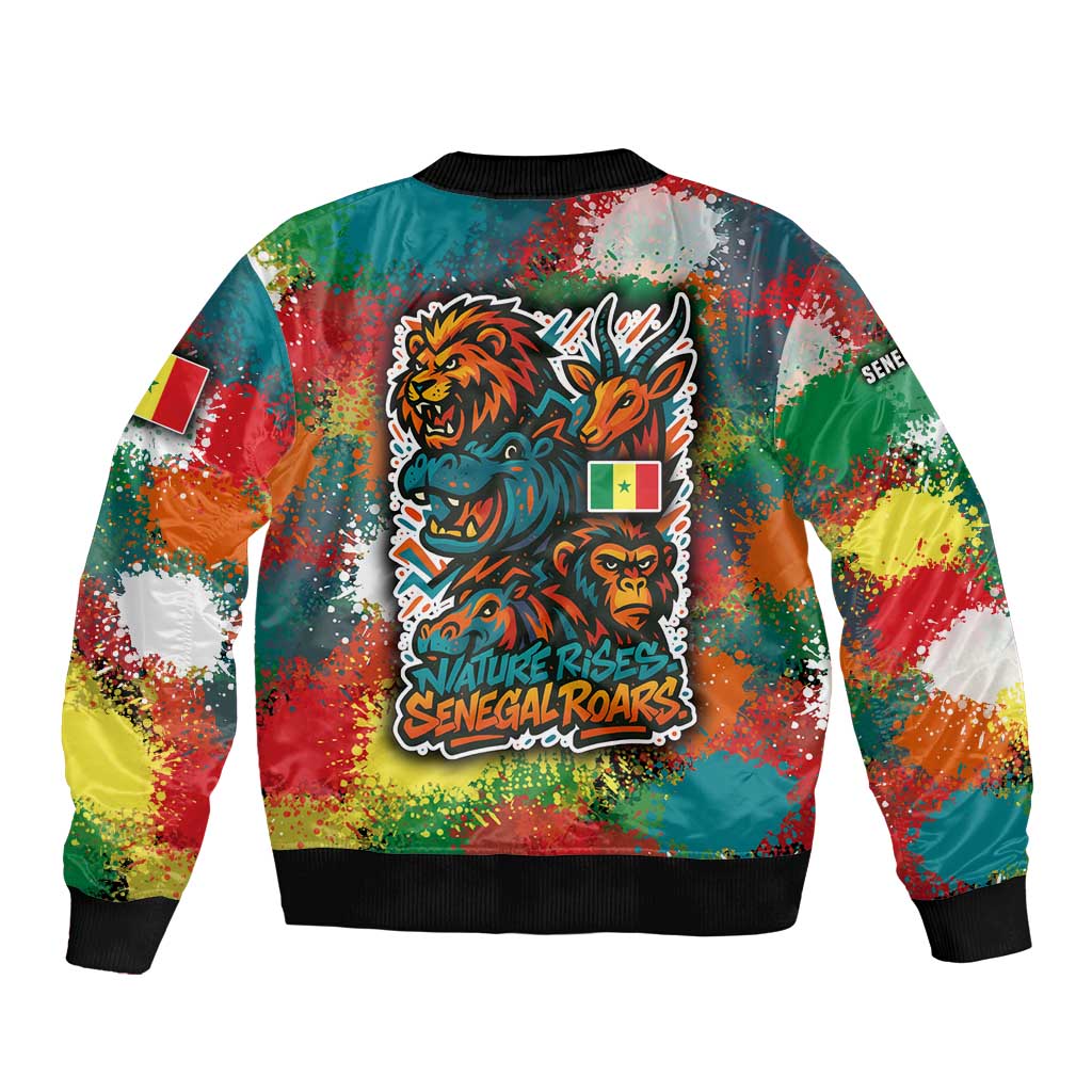 Senegal Bomber Jacket with Colorful Wildlife Graffiti and Nature Rises Roars Design - Wonder Print Shop