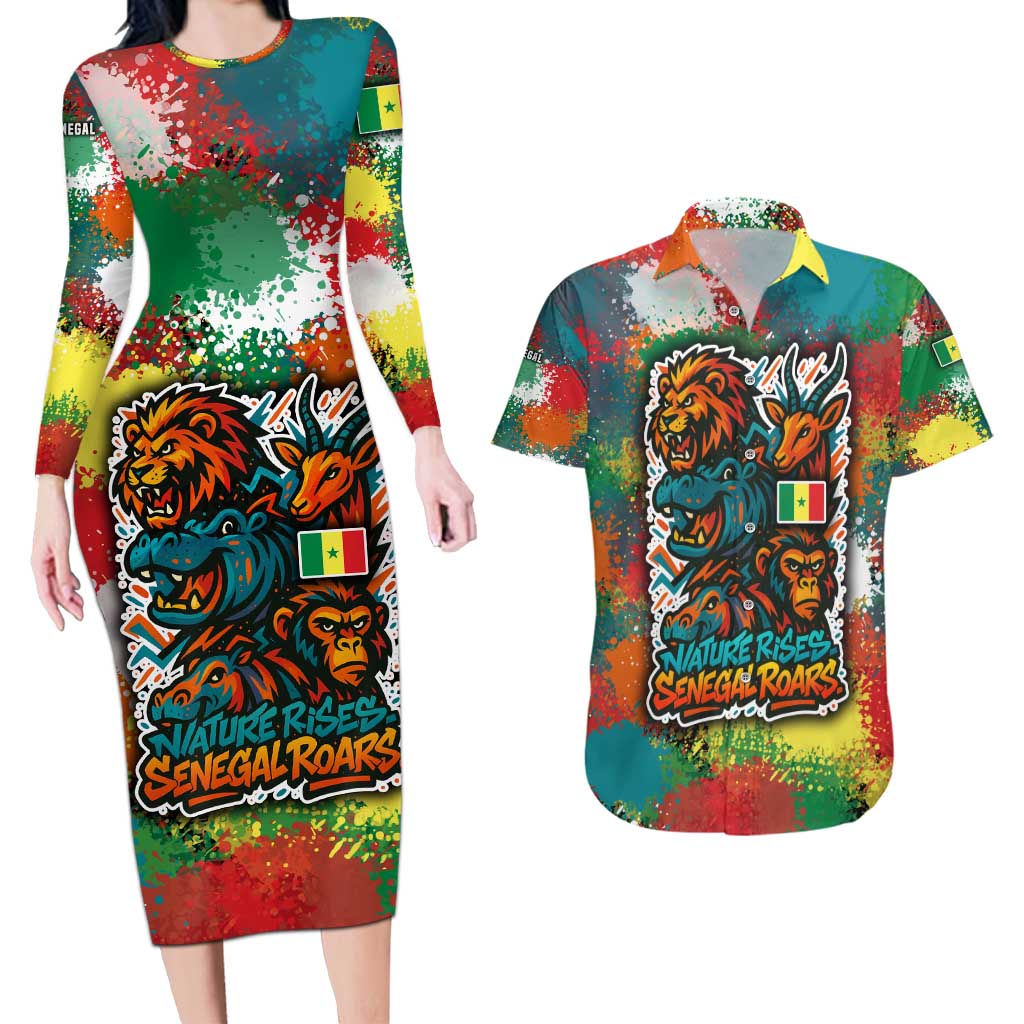 Senegal Couples Matching Long Sleeve Bodycon Dress and Hawaiian Shirt with Colorful Wildlife Graffiti and Nature Rises Roars Design - Wonder Print Shop