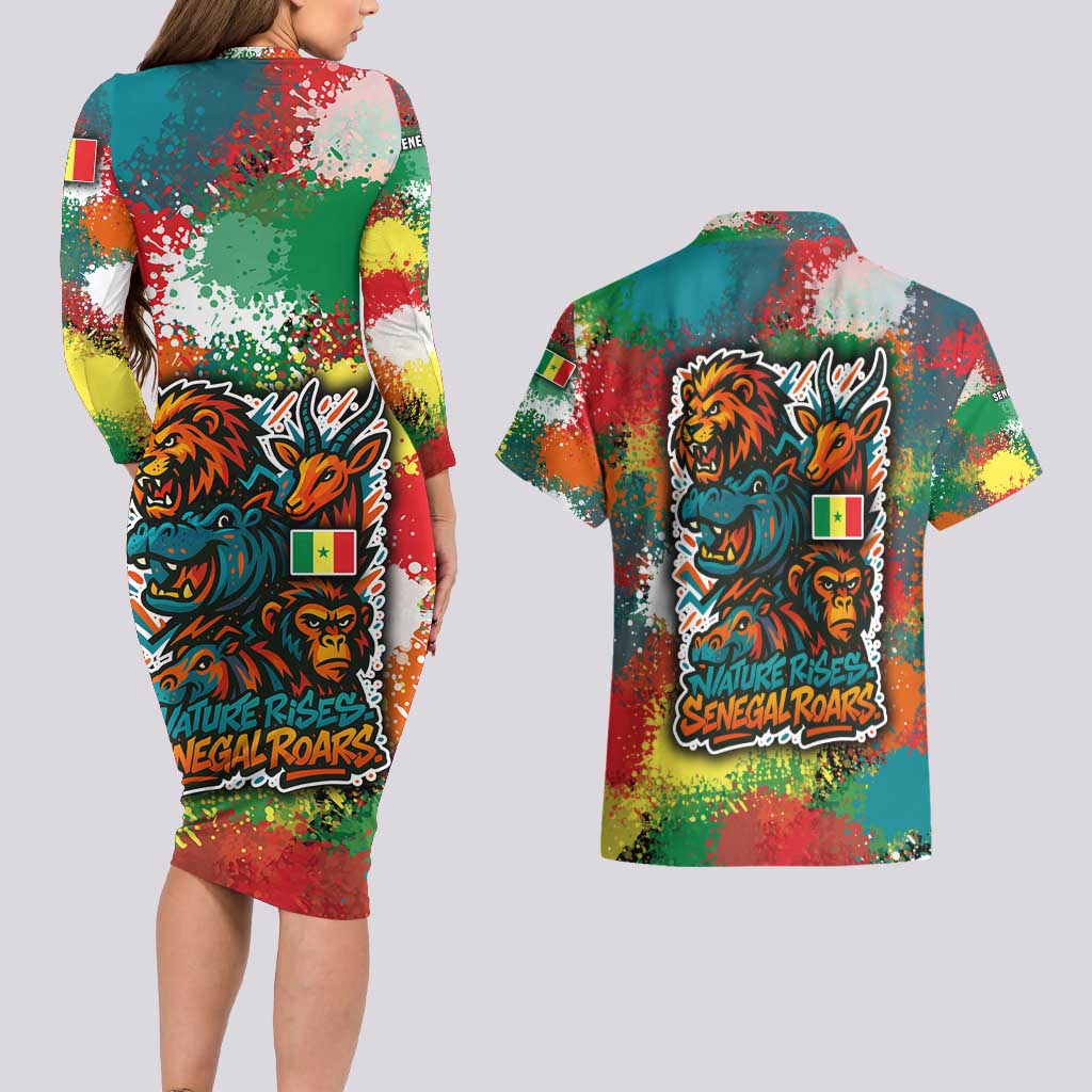 Senegal Couples Matching Long Sleeve Bodycon Dress and Hawaiian Shirt with Colorful Wildlife Graffiti and Nature Rises Roars Design - Wonder Print Shop