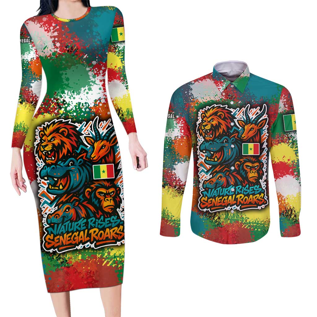 Senegal Couples Matching Long Sleeve Bodycon Dress and Long Sleeve Button Shirt with Colorful Wildlife Graffiti and Nature Rises Roars Design - Wonder Print Shop