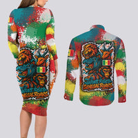 Senegal Couples Matching Long Sleeve Bodycon Dress and Long Sleeve Button Shirt with Colorful Wildlife Graffiti and Nature Rises Roars Design - Wonder Print Shop
