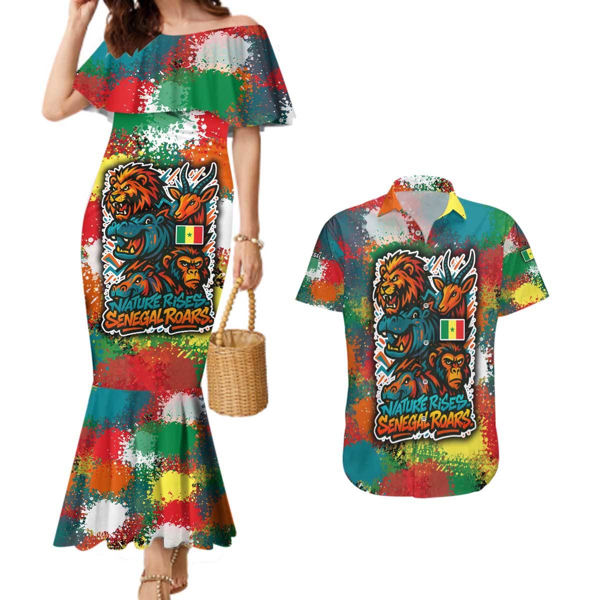Senegal Couples Matching Mermaid Dress and Hawaiian Shirt with Colorful Wildlife Graffiti and Nature Rises Roars Design - Wonder Print Shop