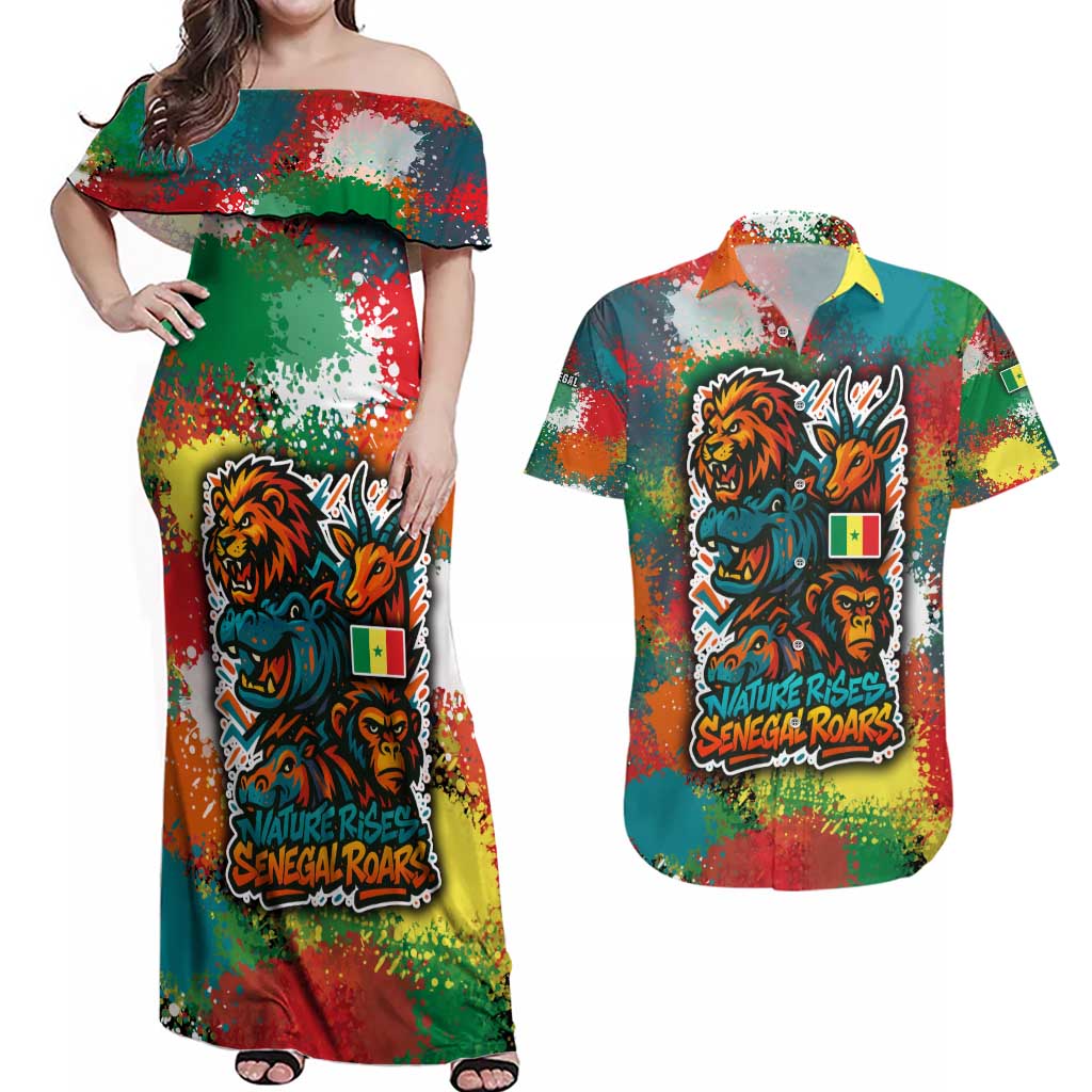 Senegal Couples Matching Off Shoulder Maxi Dress and Hawaiian Shirt with Colorful Wildlife Graffiti and Nature Rises Roars Design - Wonder Print Shop