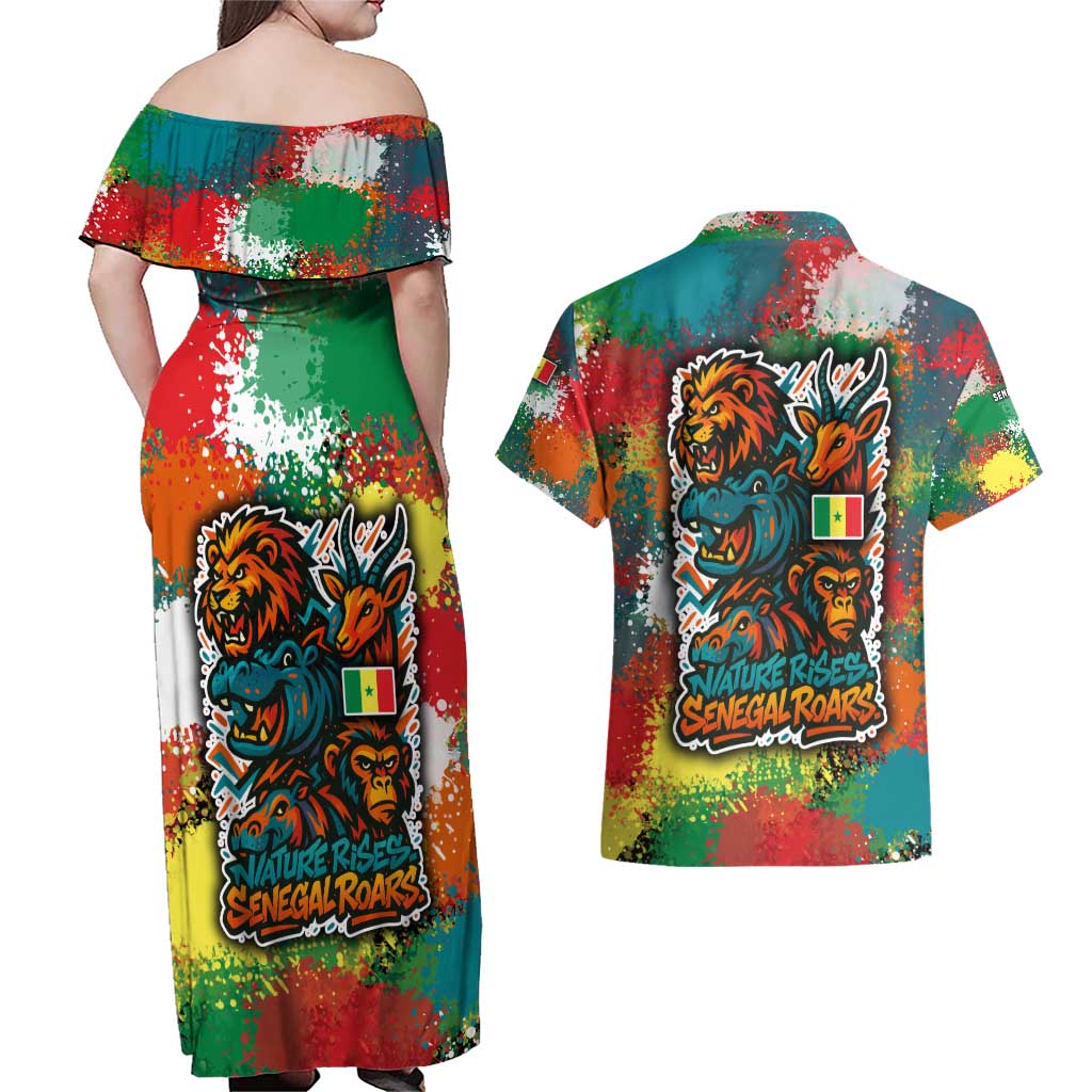 Senegal Couples Matching Off Shoulder Maxi Dress and Hawaiian Shirt with Colorful Wildlife Graffiti and Nature Rises Roars Design - Wonder Print Shop