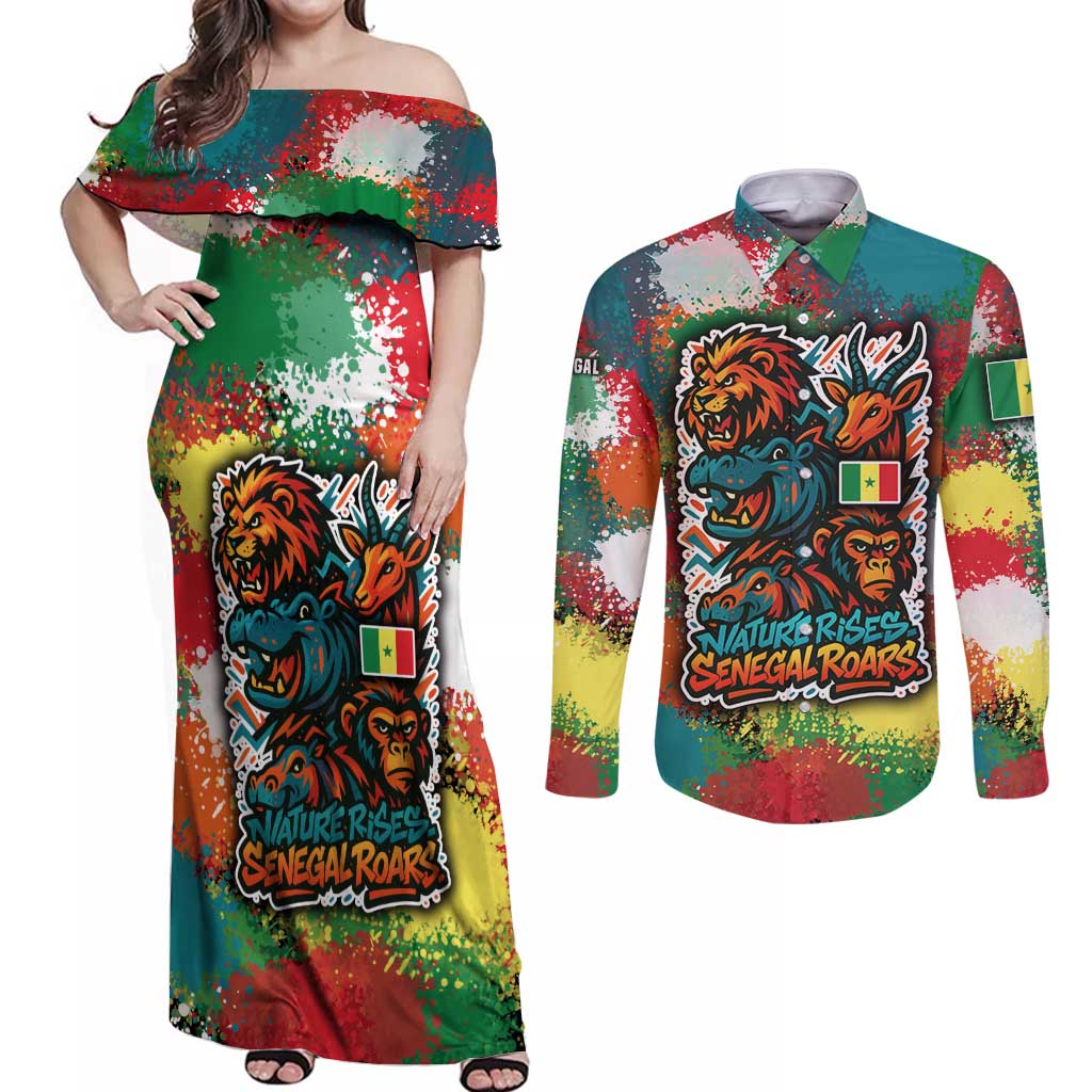 Senegal Couples Matching Off Shoulder Maxi Dress and Long Sleeve Button Shirt with Colorful Wildlife Graffiti and Nature Rises Roars Design - Wonder Print Shop