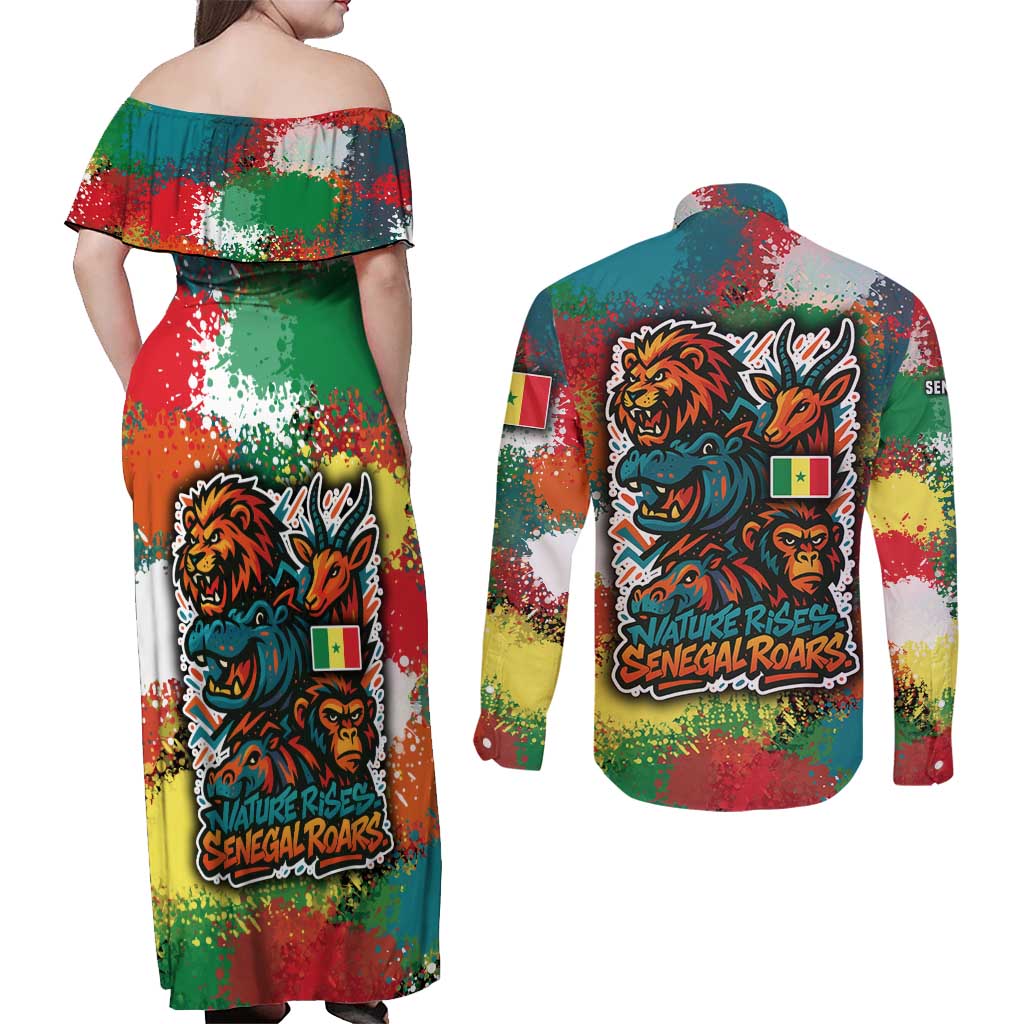 Senegal Couples Matching Off Shoulder Maxi Dress and Long Sleeve Button Shirt with Colorful Wildlife Graffiti and Nature Rises Roars Design - Wonder Print Shop