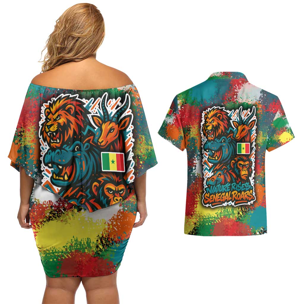 Senegal Couples Matching Off Shoulder Short Dress and Hawaiian Shirt with Colorful Wildlife Graffiti and Nature Rises Roars Design - Wonder Print Shop