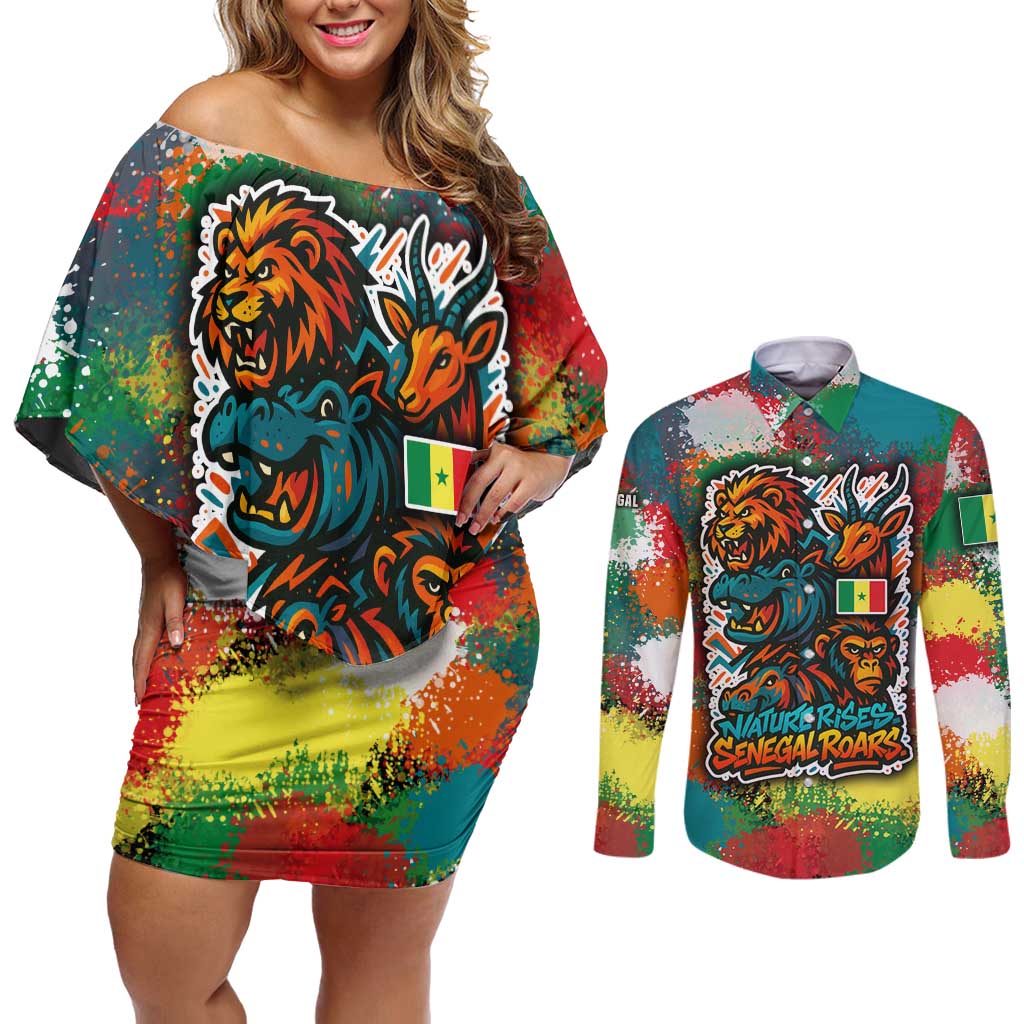 Senegal Couples Matching Off Shoulder Short Dress and Long Sleeve Button Shirt with Colorful Wildlife Graffiti and Nature Rises Roars Design - Wonder Print Shop