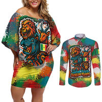 Senegal Couples Matching Off Shoulder Short Dress and Long Sleeve Button Shirt with Colorful Wildlife Graffiti and Nature Rises Roars Design - Wonder Print Shop