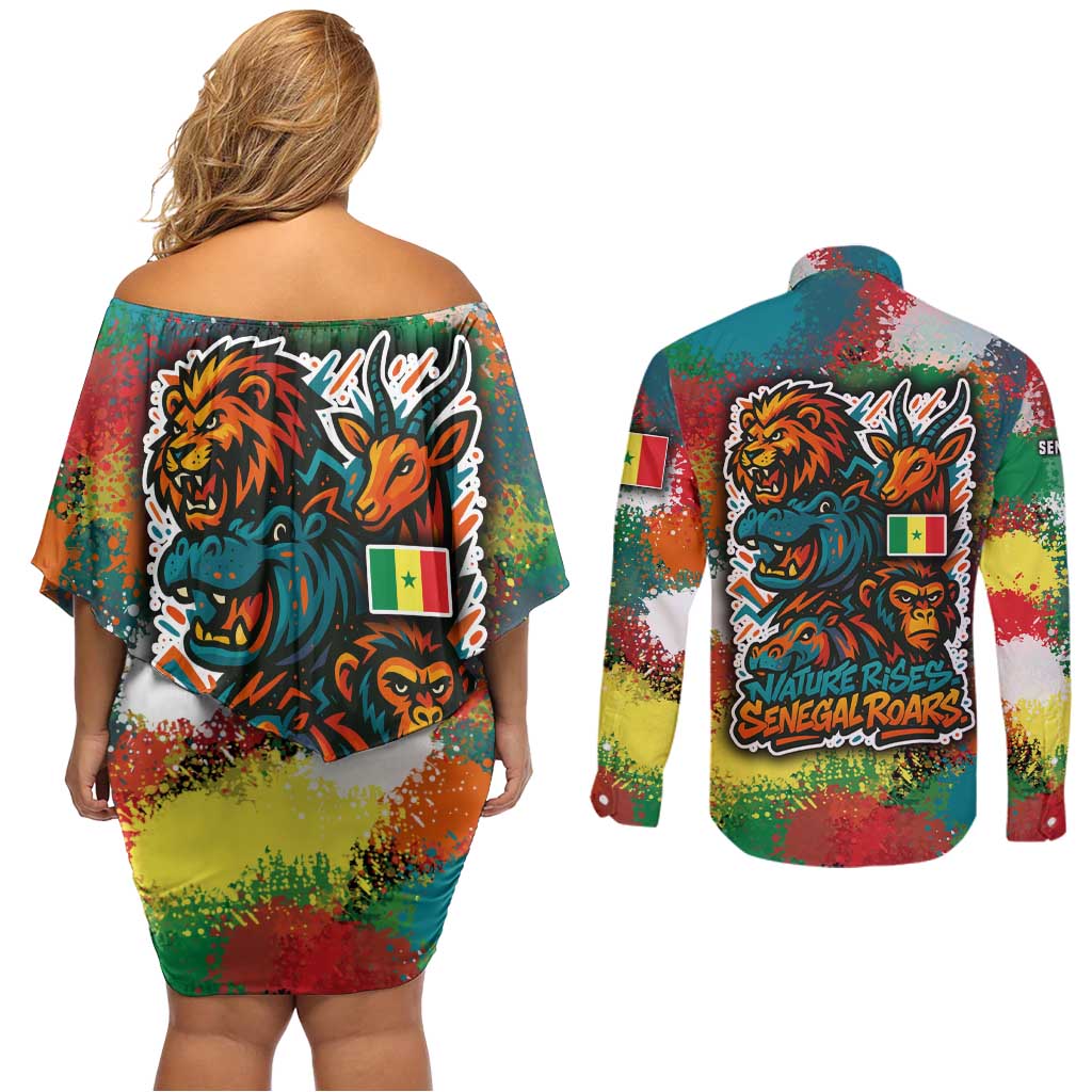 Senegal Couples Matching Off Shoulder Short Dress and Long Sleeve Button Shirt with Colorful Wildlife Graffiti and Nature Rises Roars Design - Wonder Print Shop