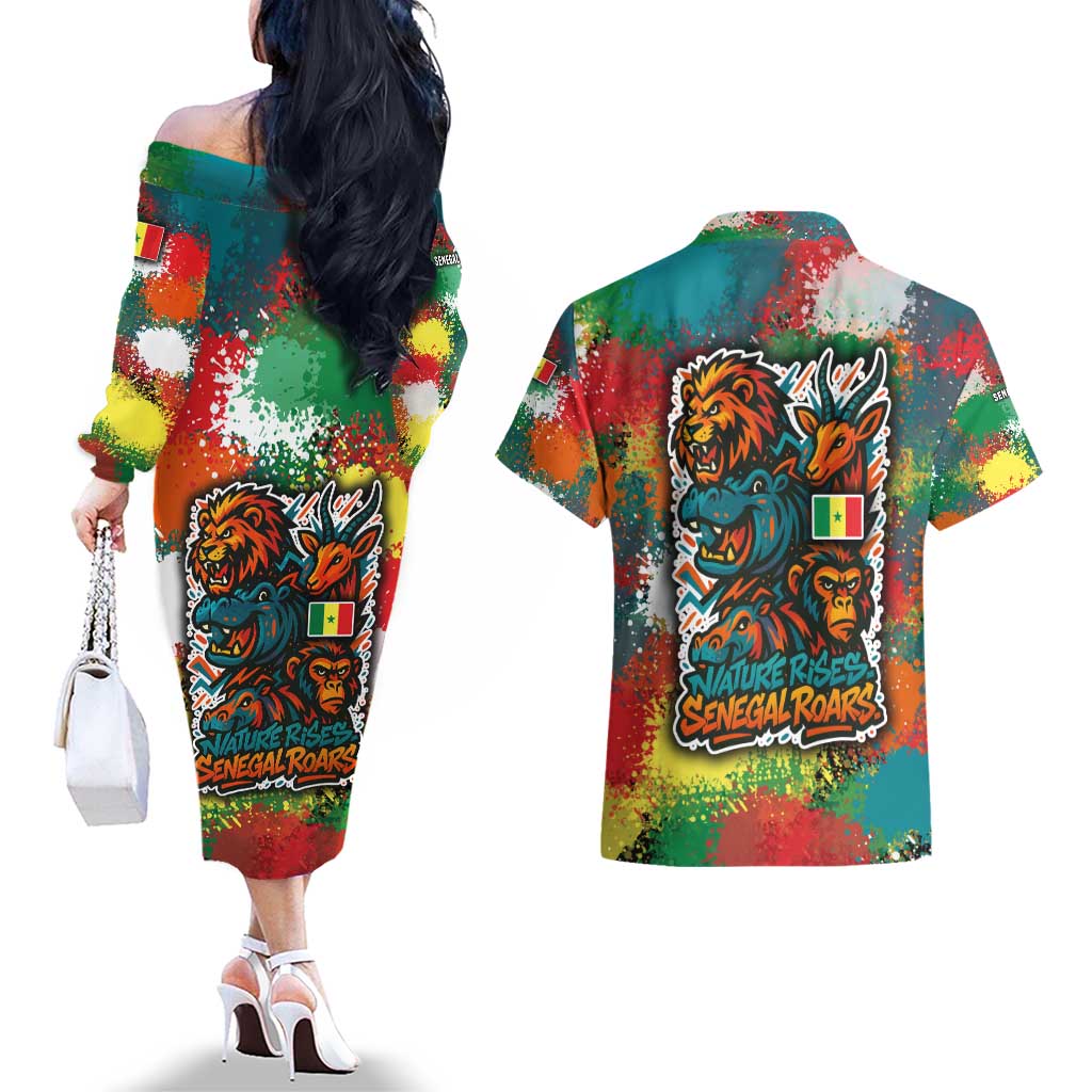 Senegal Couples Matching Off The Shoulder Long Sleeve Dress and Hawaiian Shirt with Colorful Wildlife Graffiti and Nature Rises Roars Design - Wonder Print Shop