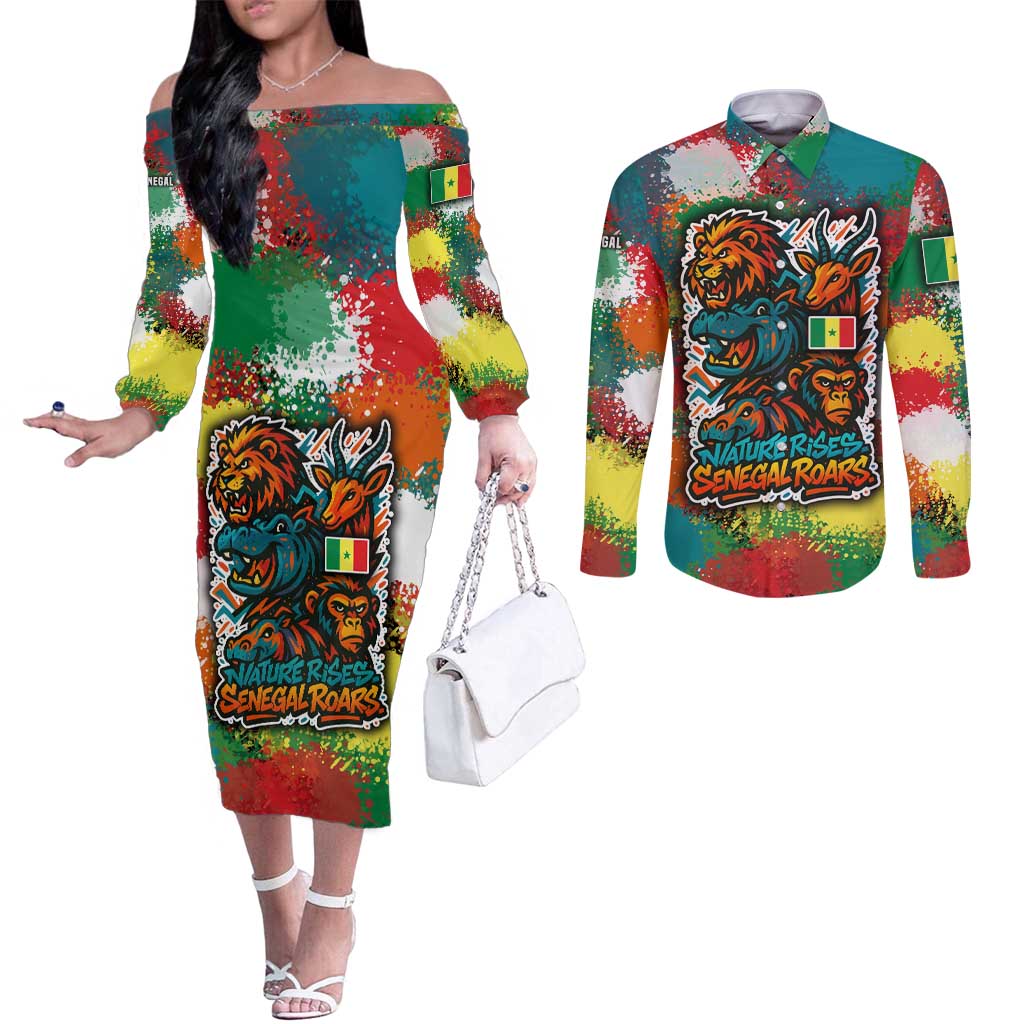 Senegal Couples Matching Off The Shoulder Long Sleeve Dress and Long Sleeve Button Shirt with Colorful Wildlife Graffiti and Nature Rises Roars Design - Wonder Print Shop