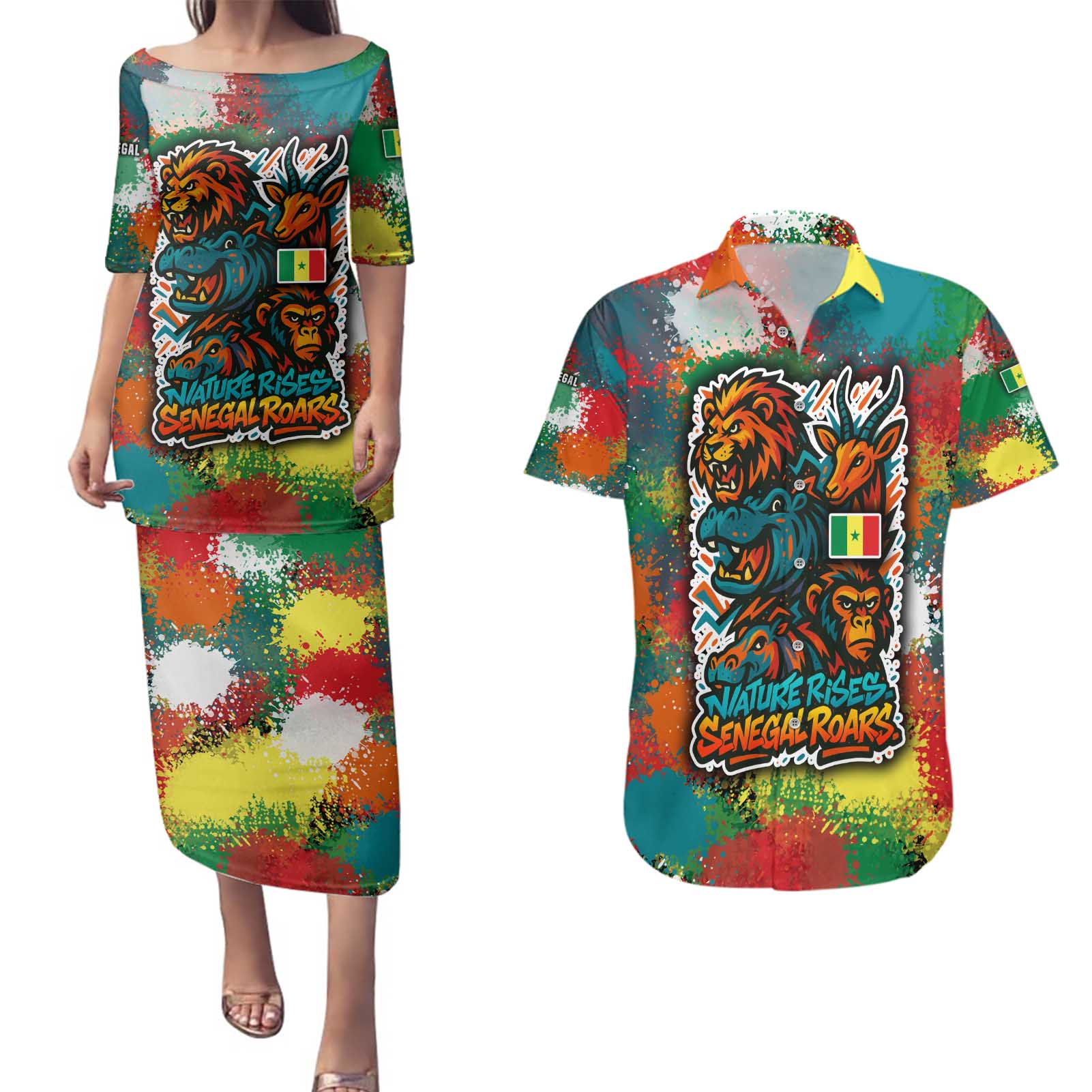Senegal Couples Matching Puletasi and Hawaiian Shirt with Colorful Wildlife Graffiti and Nature Rises Roars Design - Wonder Print Shop