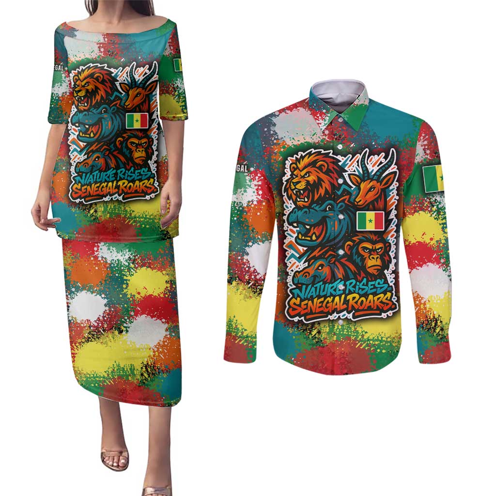 Senegal Couples Matching Puletasi and Long Sleeve Button Shirt with Colorful Wildlife Graffiti and Nature Rises Roars Design - Wonder Print Shop