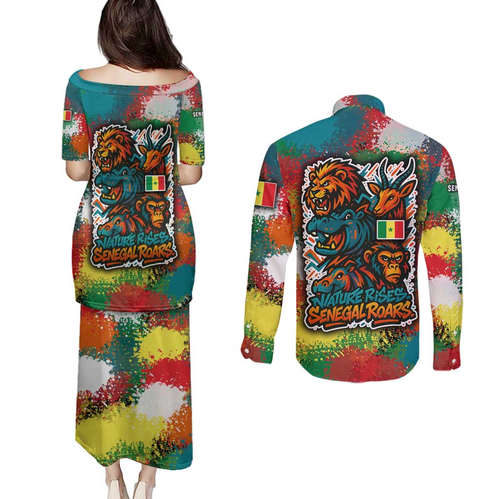 Senegal Couples Matching Puletasi and Long Sleeve Button Shirt with Colorful Wildlife Graffiti and Nature Rises Roars Design - Wonder Print Shop