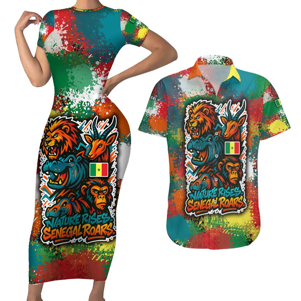 Senegal Couples Matching Short Sleeve Bodycon Dress and Hawaiian Shirt with Colorful Wildlife Graffiti and Nature Rises Roars Design - Wonder Print Shop