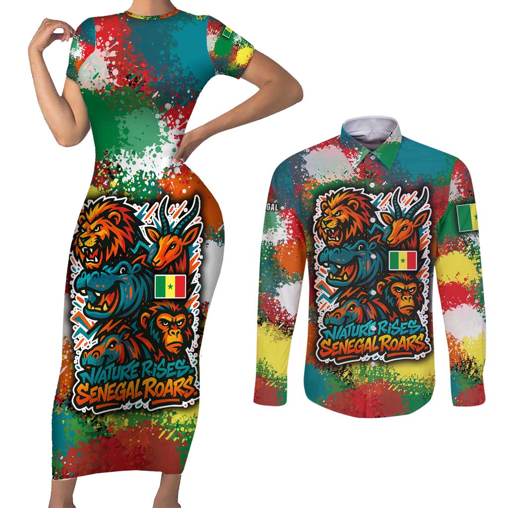 Senegal Couples Matching Short Sleeve Bodycon Dress and Long Sleeve Button Shirt with Colorful Wildlife Graffiti and Nature Rises Roars Design - Wonder Print Shop