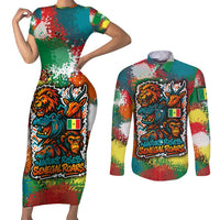 Senegal Couples Matching Short Sleeve Bodycon Dress and Long Sleeve Button Shirt with Colorful Wildlife Graffiti and Nature Rises Roars Design - Wonder Print Shop