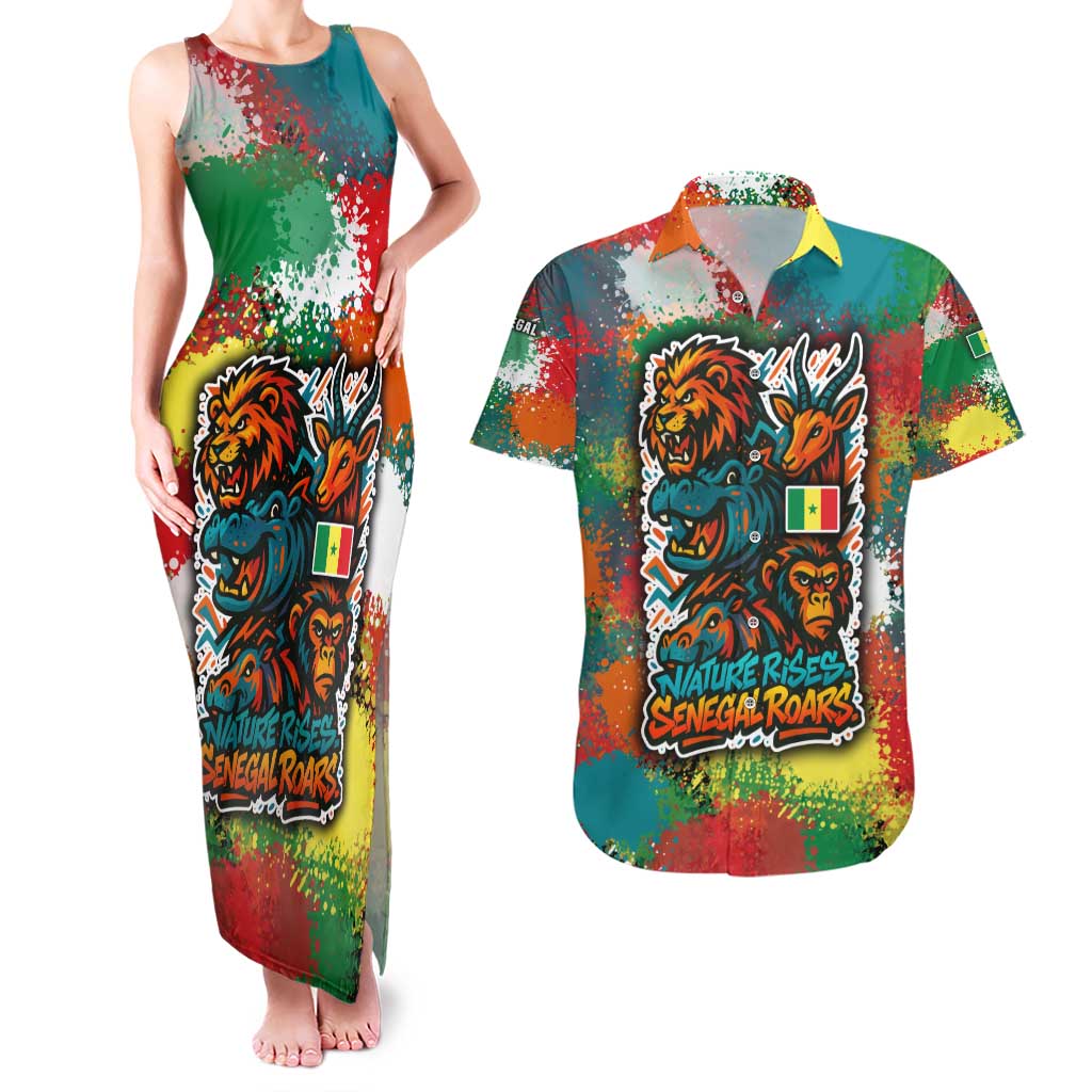 Senegal Couples Matching Tank Maxi Dress and Hawaiian Shirt with Colorful Wildlife Graffiti and Nature Rises Roars Design - Wonder Print Shop