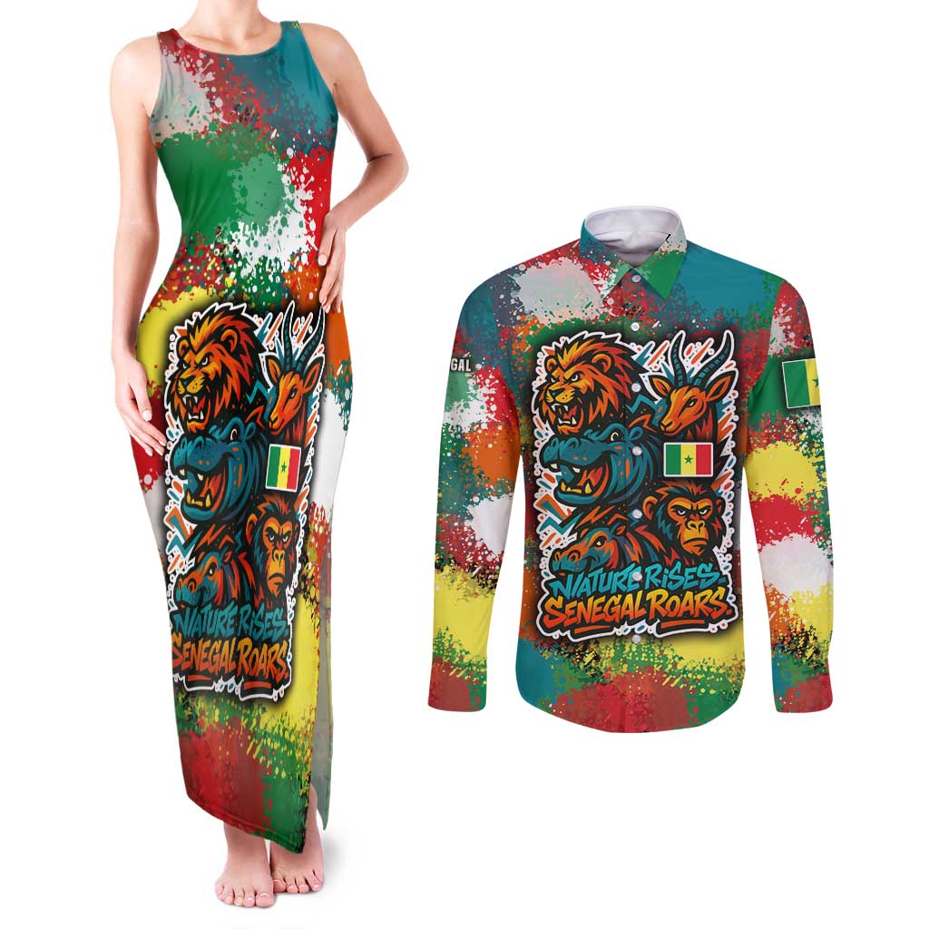 Senegal Couples Matching Tank Maxi Dress and Long Sleeve Button Shirt with Colorful Wildlife Graffiti and Nature Rises Roars Design - Wonder Print Shop