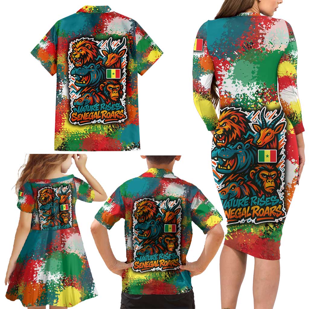 Senegal Family Matching Long Sleeve Bodycon Dress and Hawaiian Shirt with Colorful Wildlife Graffiti and Nature Rises Roars Design - Wonder Print Shop