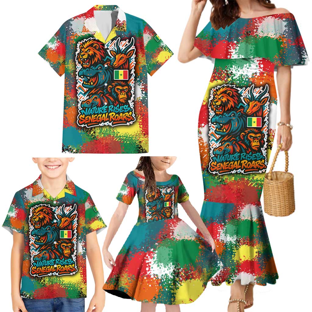 Senegal Family Matching Mermaid Dress and Hawaiian Shirt with Colorful Wildlife Graffiti and Nature Rises Roars Design - Wonder Print Shop