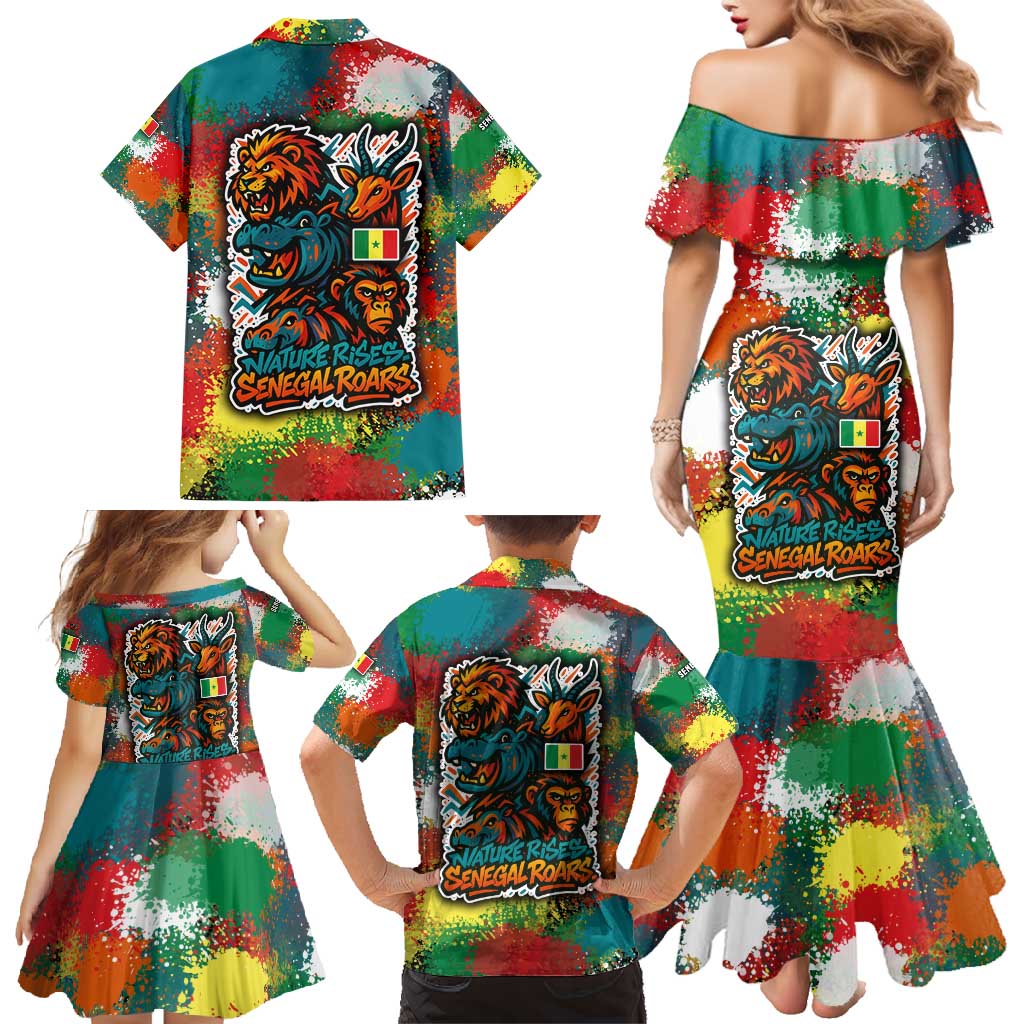Senegal Family Matching Mermaid Dress and Hawaiian Shirt with Colorful Wildlife Graffiti and Nature Rises Roars Design - Wonder Print Shop